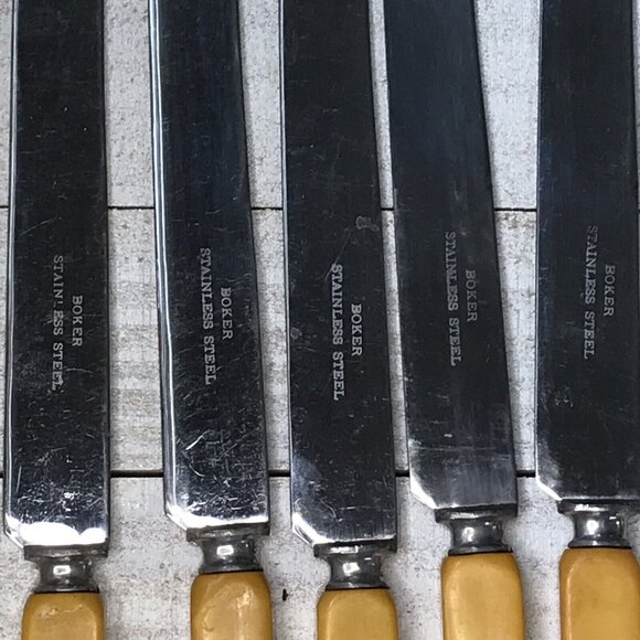 6 Vtg Butterscotch Bakelite Flatware Antq Boker Art Deco 1930s Stainless Knives - Picture 6 of 8